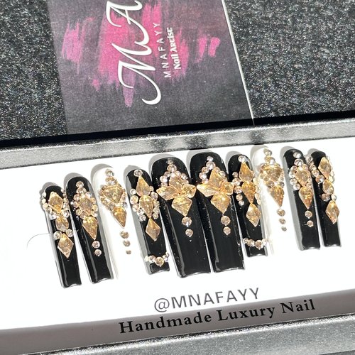 MNAFAYY 100% Handmade Nails 3D Rhinestone Crystal Extra Long Press On Nails Full Cover Luxury Gems Gorgeous Reusable UV Finished Fake False Nails Acrylic Nail Kit With Box Gifts for Women Black S