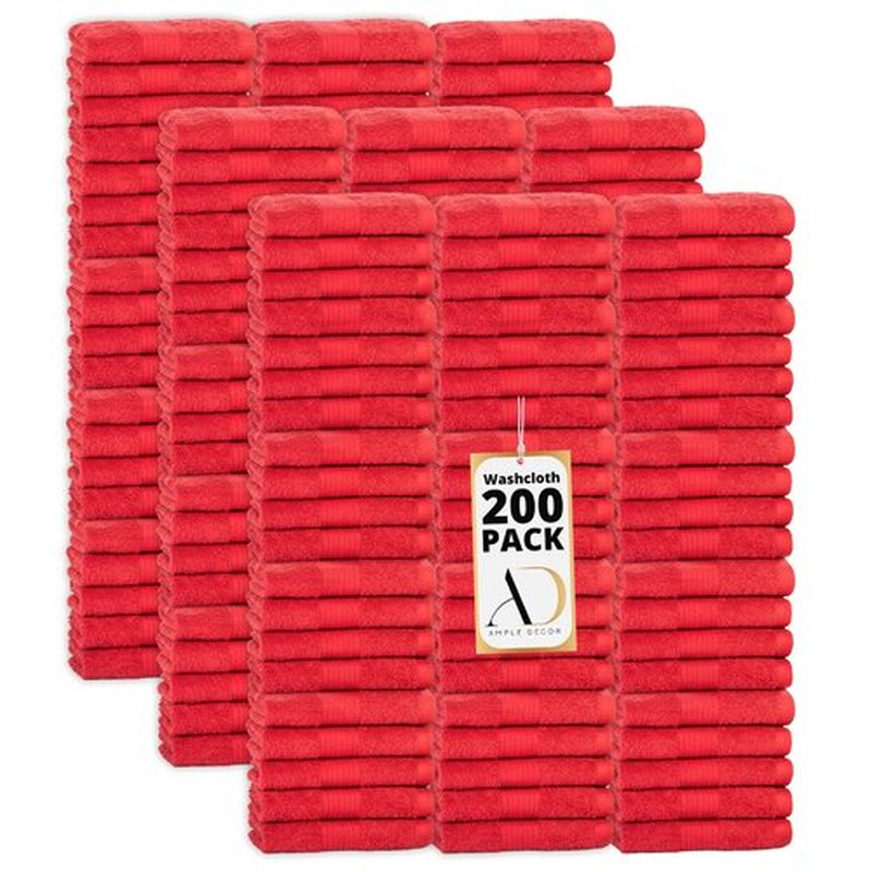 Ample Decor Washcloths Pack of 200 12 X 12 Inch 100% Cotton 600 GSM, Soft Absorbent and Reusable Fingertip Towels, Ideal for Bathroom and Powder Room - Red