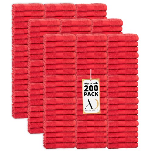 Ample Decor Washcloths Pack of 200 12 X 12 Inch 100% Cotton 600 GSM, Soft Absorbent and Reusable Fingertip Towels, Ideal for Bathroom and Powder Room - Red