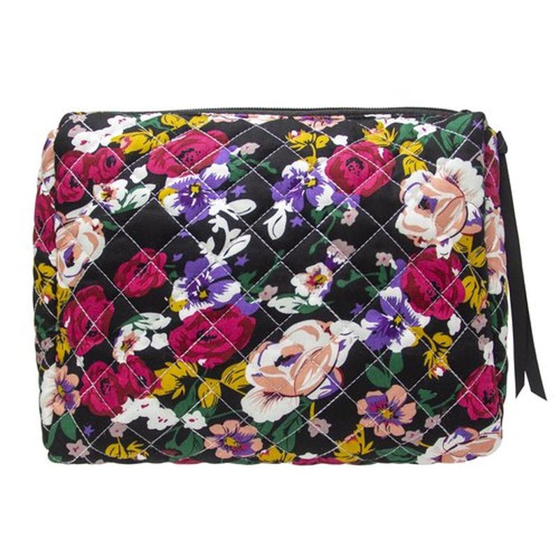 PAZIMIIK Cotton Makeup Bag for Women Large Quilted Travel Cosmetic Pouch Girls' Make Up Organizer,Floral Black