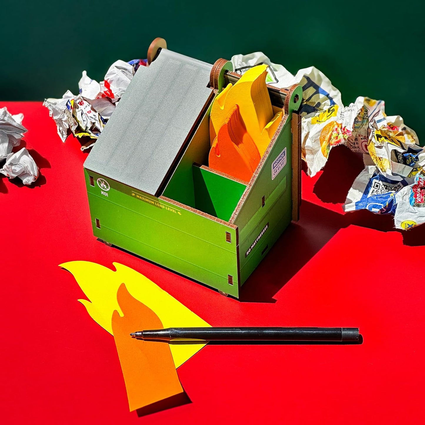 Genuine Fred Desk Dumpster Pencil Holder - Funny 3-Compartment Organizer with 100+ Flame Note Cards for Office or Home