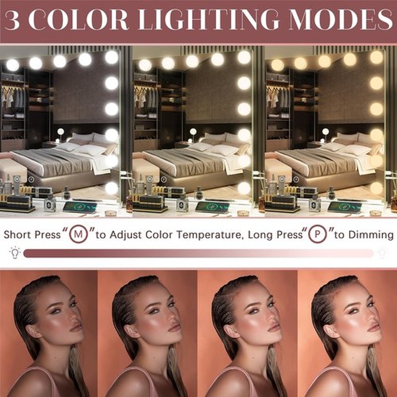 ROLOVE 32"x24" Hollywood Vanity Mirror with Lights, 18 Dimmable LED Bulbs, 3 Color Modes, 10X Magnification, USB Charging Port, Tabletop or Wall-Mounted
