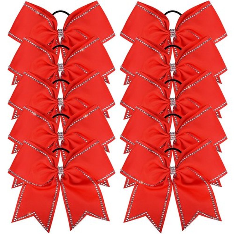DEEKA 10 PCS 8" Rhinestones Large Cheer Hair Bows Glitter Cheer Ponytail Holder Handmade for Teen Girls Softball Cheerleader Sports -Red