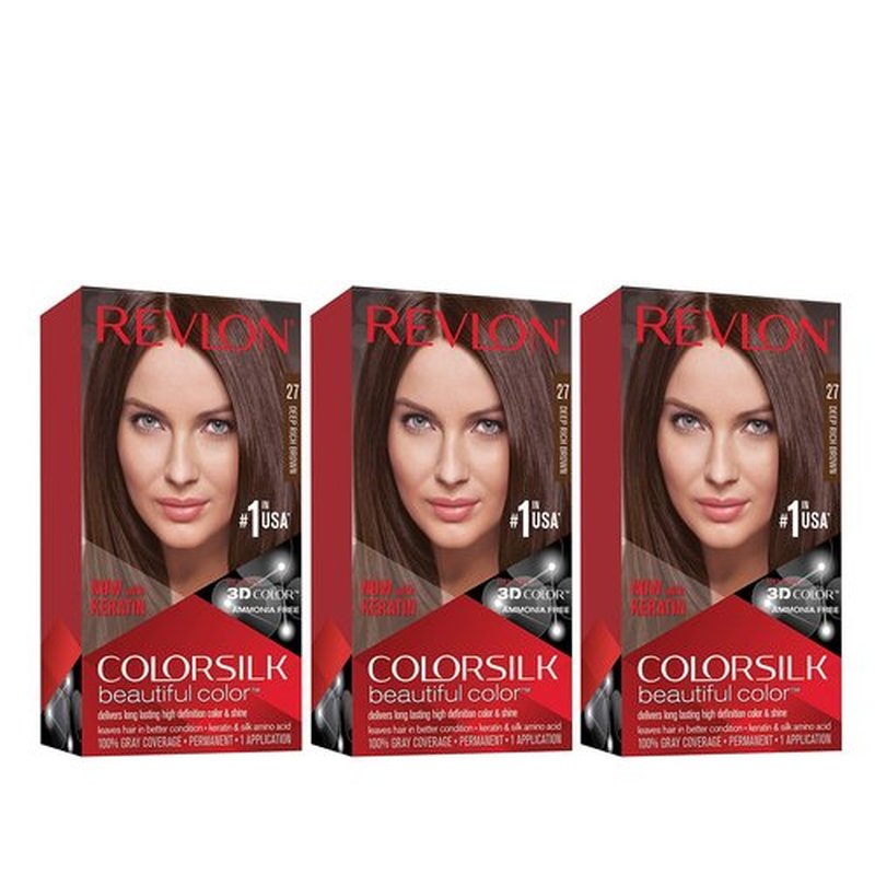 Revlon Permanent Hair Color, Permanent Hair Dye, Colorsilk with 100% Gray Coverage, Ammonia-Free, Keratin and Amino Acids, 27 Deep Rich Brown, 4.4 Oz (Pack of 3)