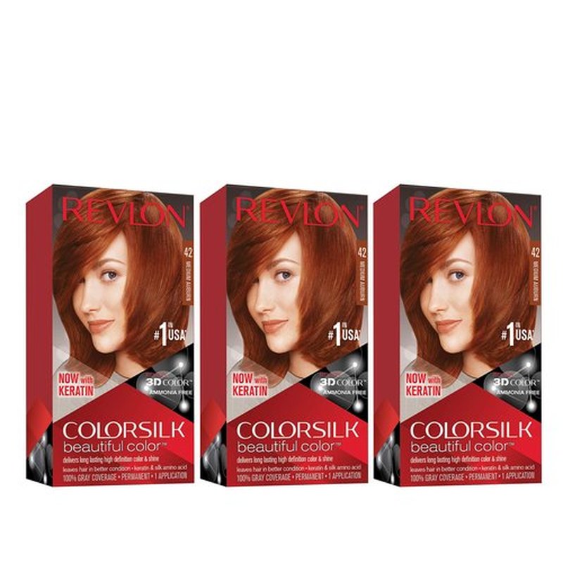 Revlon Permanent Hair Color, Permanent Hair Dye, Colorsilk with 100% Gray Coverage, Ammonia-Free, Keratin and Amino Acids, 42 Medium Auburn, 4.4 Oz (Pack of 3)