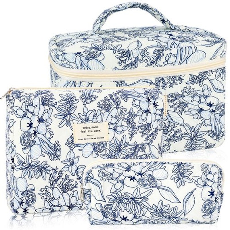 URSKYTOUS 3Pcs Cotton Quilted Makeup Bag for Women Girls Large Small Travel Black Floral Cosmetic Bags Set Cute Coquette Makeup Pouch for Purse Aesthetic Cloth Flower Storage Toiletry Bag Organizer
