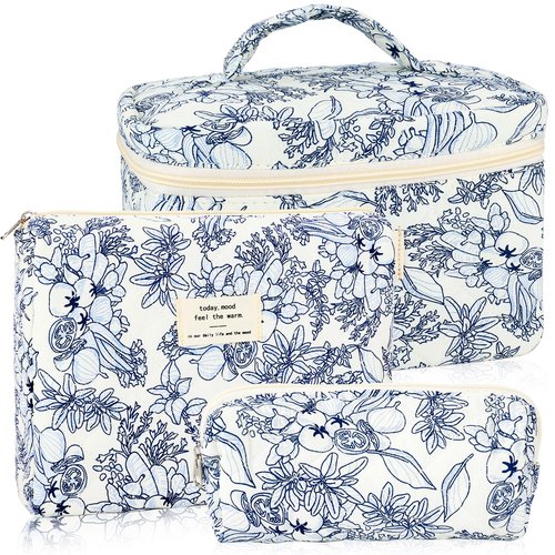 URSKYTOUS 3Pcs Cotton Quilted Makeup Bag for Women Girls Large Small Travel Black Floral Cosmetic Bags Set Cute Coquette Makeup Pouch for Purse Aesthetic Cloth Flower Storage Toiletry Bag Organizer