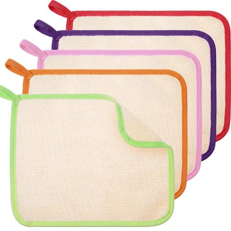 Tatuo 5 Pcs Exfoliating Face and Body Wash Cloths Towel Weave Bath Cloth Exfoliating Scrub Cloth Massage Bath Cloth for Women and Men, 10.63 x 9.05 Inch (Green, Orange, Pink, Purple, Red Edge)