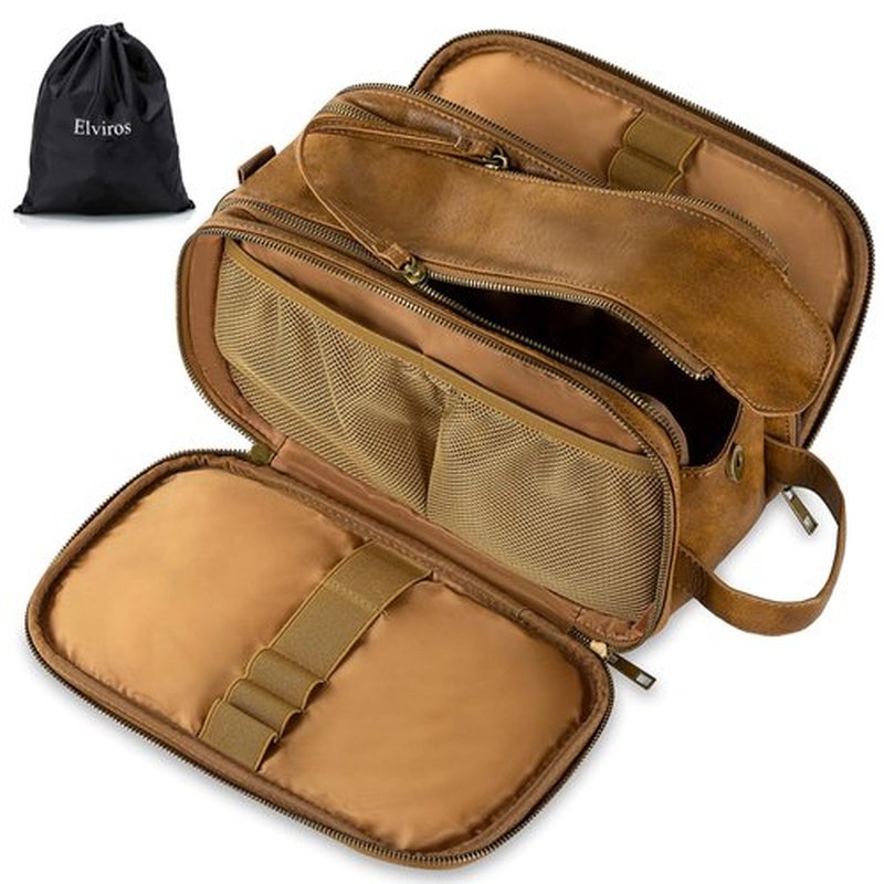 Elviros Toiletry Bag for Men, Large Travel Shaving Dopp Kit Water-resistant Bathroom Toiletries Organizer PU Leather Cosmetic Bags