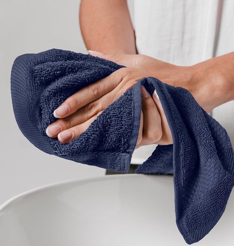 White Classic Luxury Cotton Washcloths - Hotel Spa Bathroom Face Towel | 12 Pack | Navy Blue