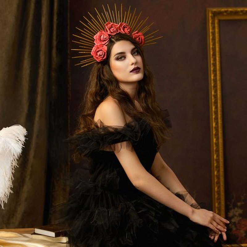 Fantherin Halo Crown with Roses Womens Mexican Flower Goddess Rose Spiked Sun Headpiece for Cosplay Halloween Costume