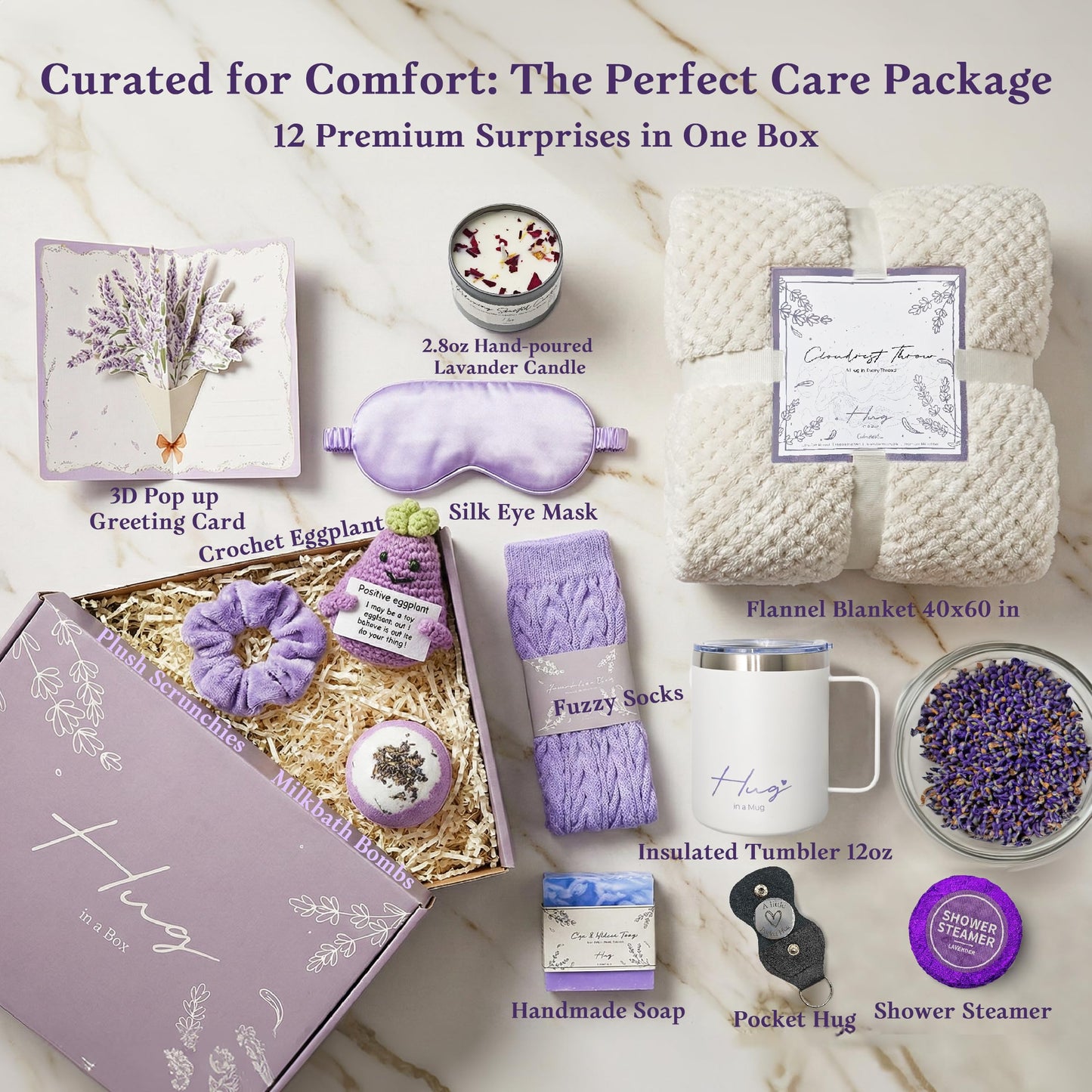 Birthday Gifts for Women, Self Care Hug in a Box Lavender Spa Gift Basket, Thinking of You Inspirational Gift for Wife Mom Sister New Mom or Friend with Flannel Blanket Knitted Eggplant and Pocket Hug