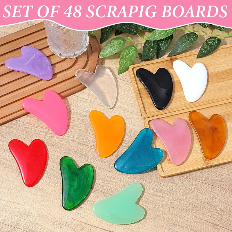 Tobeelec 48 Pcs Gua Sha Facial Tool Resin Gua Sha Massage Tool Heart Shaped Guasha Stone Guasha Board for Face Body Skin Massage Spa Acupuncture Prevent Wrinkles (Multi Colors)
