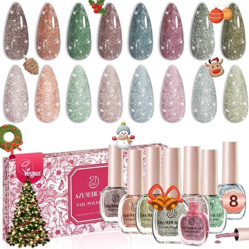 AZUREBEAUTY Reflective Nail Polish Set, 8 Colors Glitter Sparkly Shiny Green Silver Pink Quick Dry Natural Nail Lacquer Vegan Strengthening Treatment DIY Manicure Nail Salon