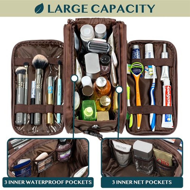 PAVILIA Toiletry Bag for Men Women, Mens Travel Bag Toiletries Organizer Case for Grooming, Travel Essentials Shaving Dopp Kit, PU Leather Water Resistant Cosmetic Pouch, Dark Brown