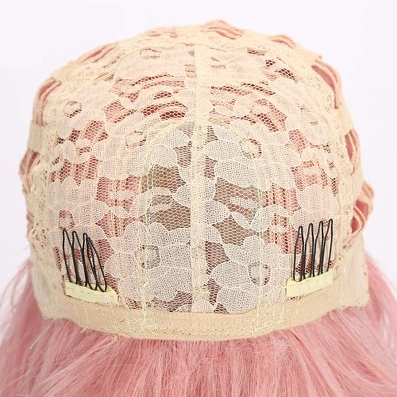 VCKOVCKO Natural Wavy Pastel Pink Wig Colorful Wigs With Air Bangs Short Bob Wigs Women's Shoulder Length Wigs Curly Wavy Synthetic Cosplay Wig Bob Wig for Girls(12", Lovely Pink)