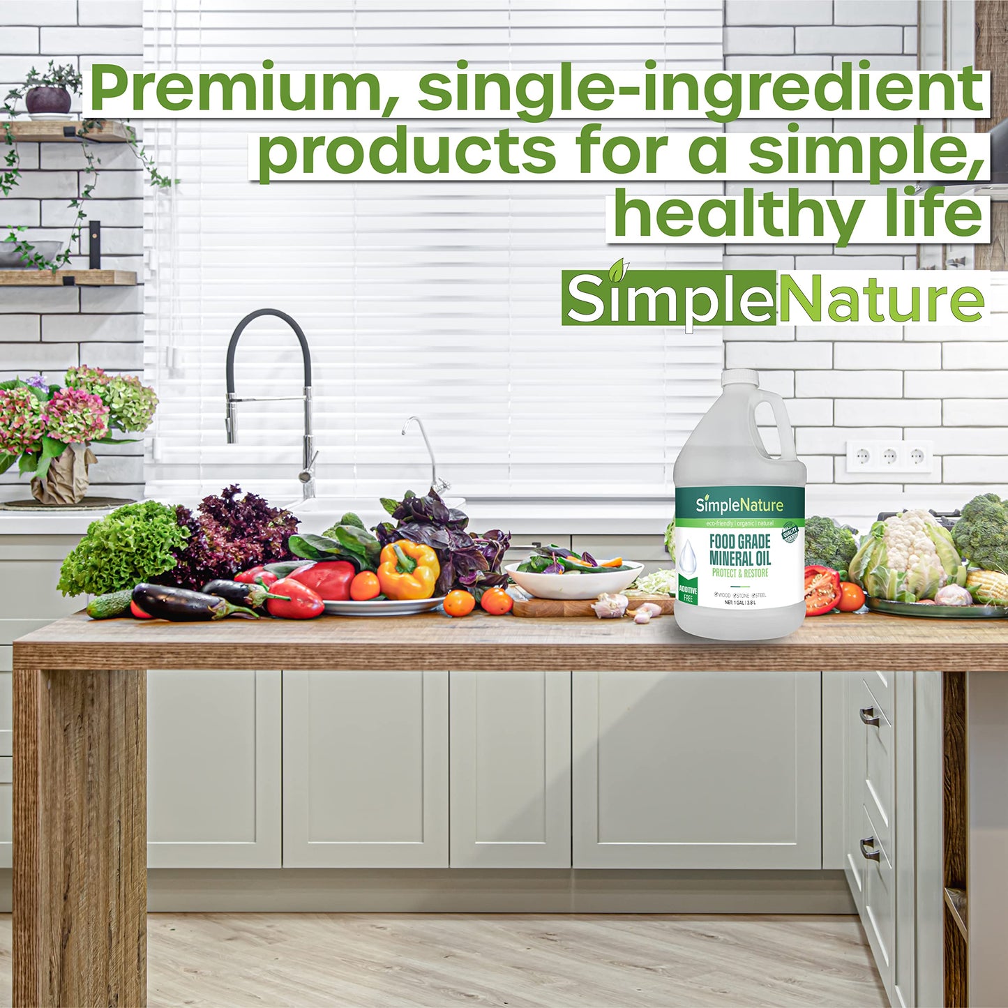 SimpleNature Food Grade Mineral Oil - for Moisturizing, Lubricating, Restoring & Protecting Wood, Cutting Boards, Butcher Block, Countertops, and Stainless Steel (1 Gallon)