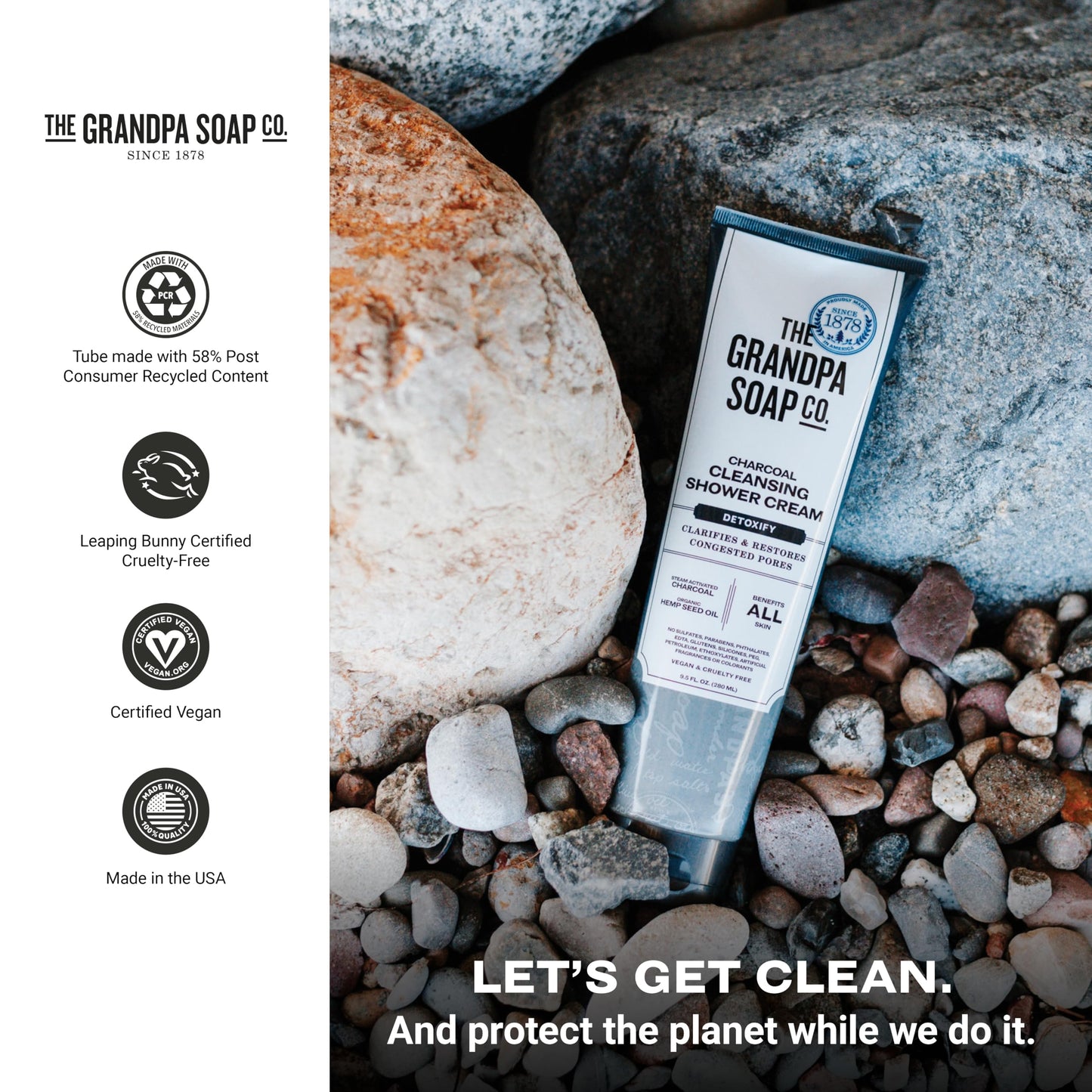 The Grandpa Soap Company Charcoal Cleansing Shower Cream - Clarifies & Restores Congested Pores, With Activated Charcoal & Hemp Seed Oil, Detoxifies, 9.5 Fl Oz