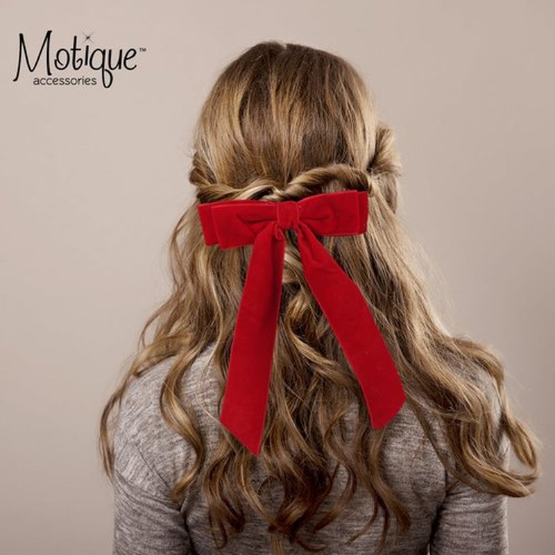 6 inch Hair Bow Velvet Hair Clip with Tails (Red)