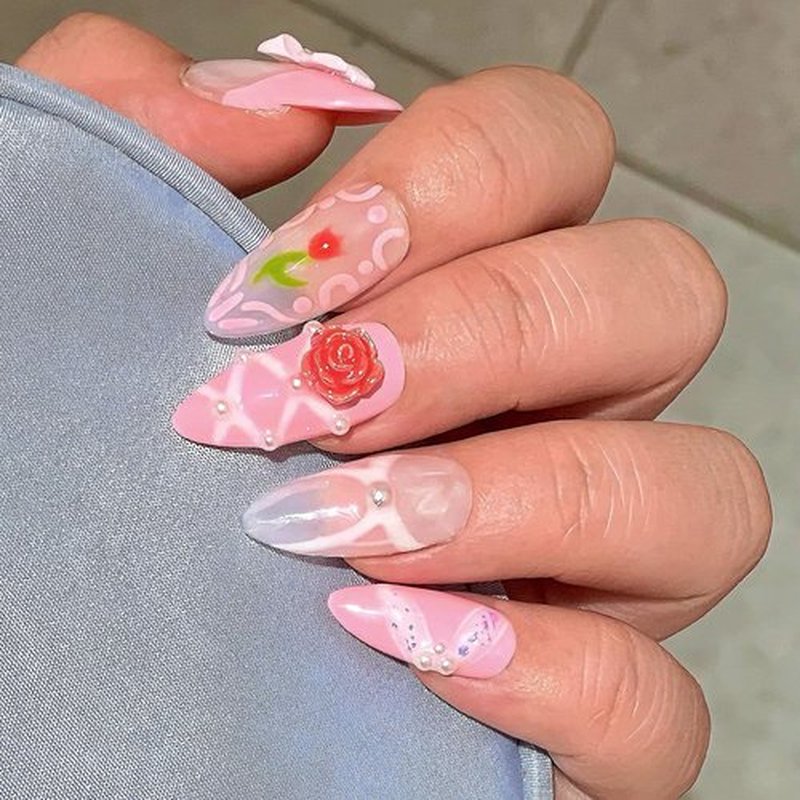 Handmade Press On Nails Short Almond,GlimightyX Thick Soft Gel UV Cured Pink Press On Nails Reusable,Flowers Pearl Bow Glue on Nails Kit,10 Nails Size XS,Fairy Garden