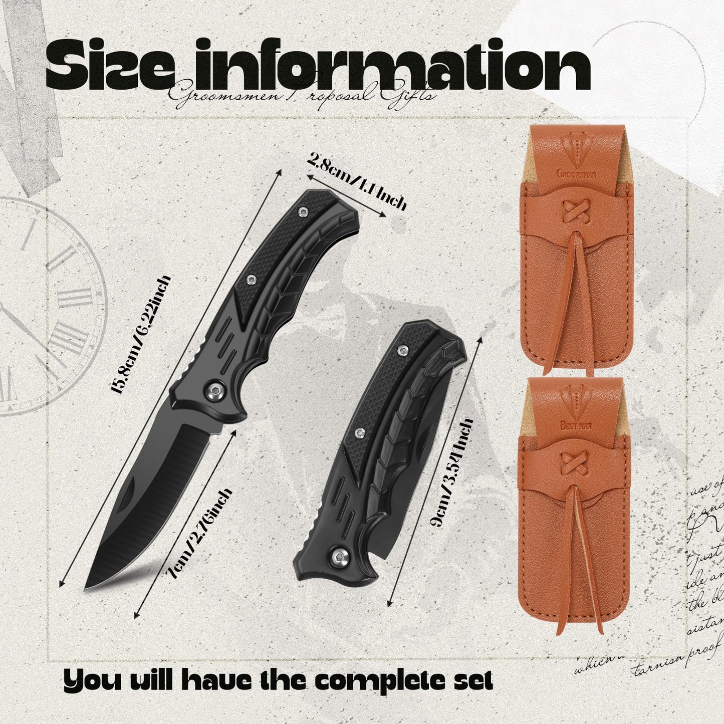 Abbylike 6 Set Groomsmen Gifts Personalized Groomsmen Knife with Leather Sheaths Mini Folding Knives Proposal Gifts for Wedding Party Favors(Classic,Black)