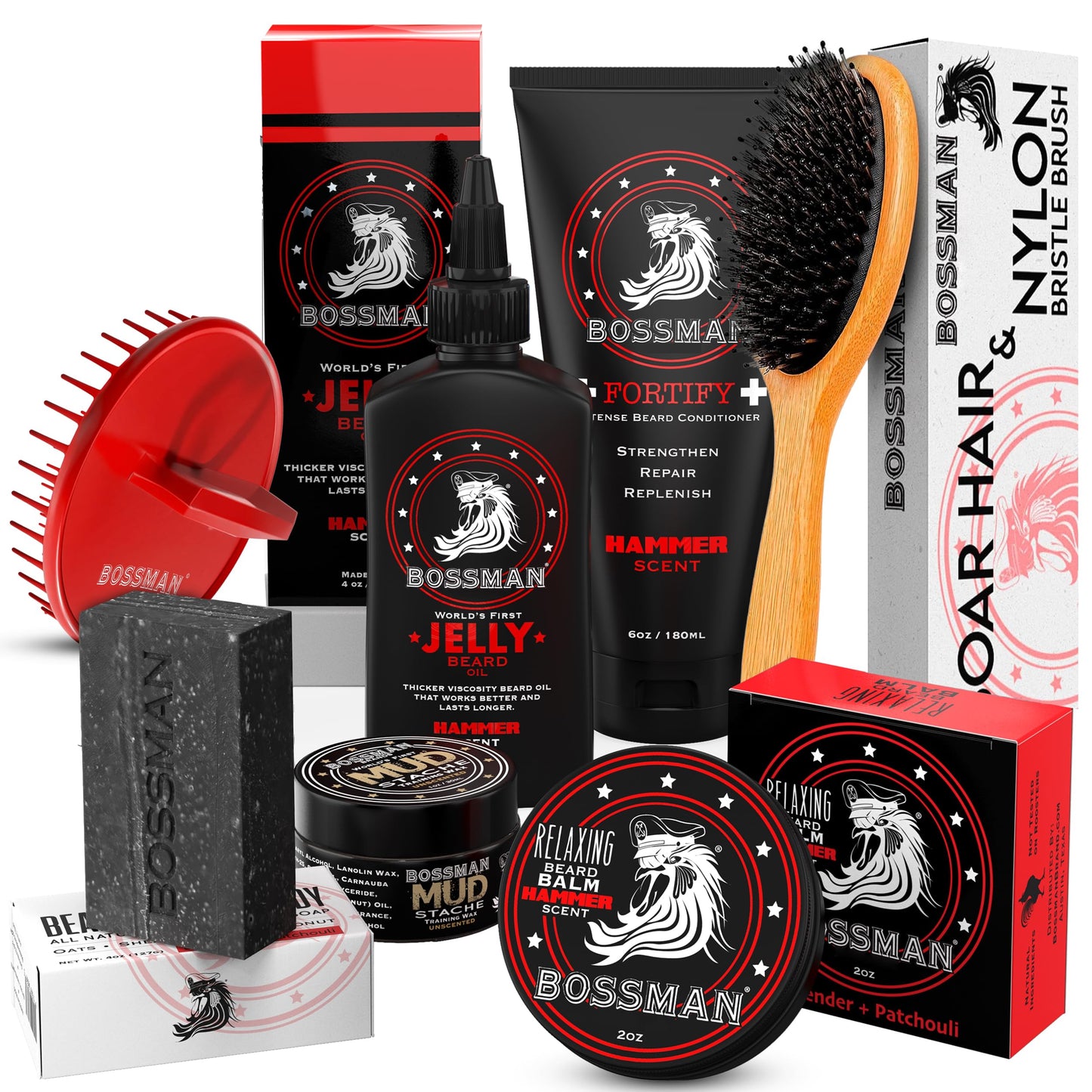 Bossman Big Boss Beard Care Kit for Men - Gifts for Dads, 7 Piece Beard Grooming Kit w/Jelly Beard Oil, Beard Conditioner, Beard Balm, MUDstache Wax, Bar Soap, Shower Brush, Oval Brush (Hammer)