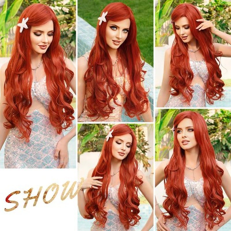 7JHH WIGS Long Wavy Costume Wigs Cosplay Mermaid wig for Women Halloween Party Used High Temperature Heat Resistant Fiber Natural Hairline Cos I Love Lucy Wig (28in, Ginger Orange Mermaid Wig)