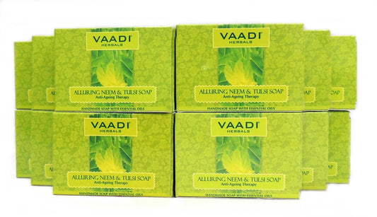 Vaadi Herbals Neem Soap (Neem Tulsi Bar Soap) with Tea Tree Oil - ALL Natural - Each 2.65 Ounces - Pack of 12 (32 Ounces, 2 Lb)