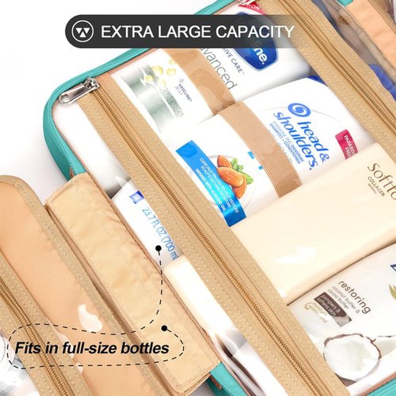 Travel Hanging Toiletry Bag for Women, Large Makeup Bag 8 Leak Proofing Silicone Bottle Covers, Waterproof Cosmetic Bag with Jewelry Organizer Compartment, Toiletries Kit Set, Blue