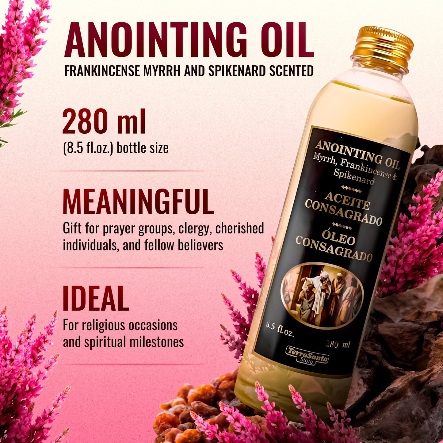 Essential Aromatic Essential Anointing Oil Perfume– Frankincense Myrrh and Spikenard - 8.5fl.oz 280ml – from Jerusalem Holy Land – Plastic Bottle for Personal Prayer Rituals & Spiritual Communion