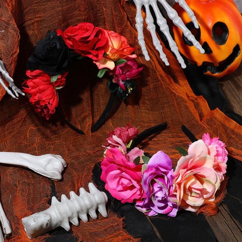 WILLBOND 3 Pcs Mexican Rose Flower Crown Headband Day of The Dead Headband Halloween Cosplay Headpiece(Stylish Colors)