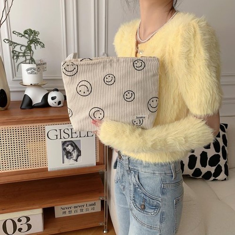 Cosmetic Bags for Women - Corduroy Cosmetic Bag Aesthetic Women Handbags Purses Smile Dots Makeup Organizer Storage Makeup Bag Girls Case Bags (Beige)
