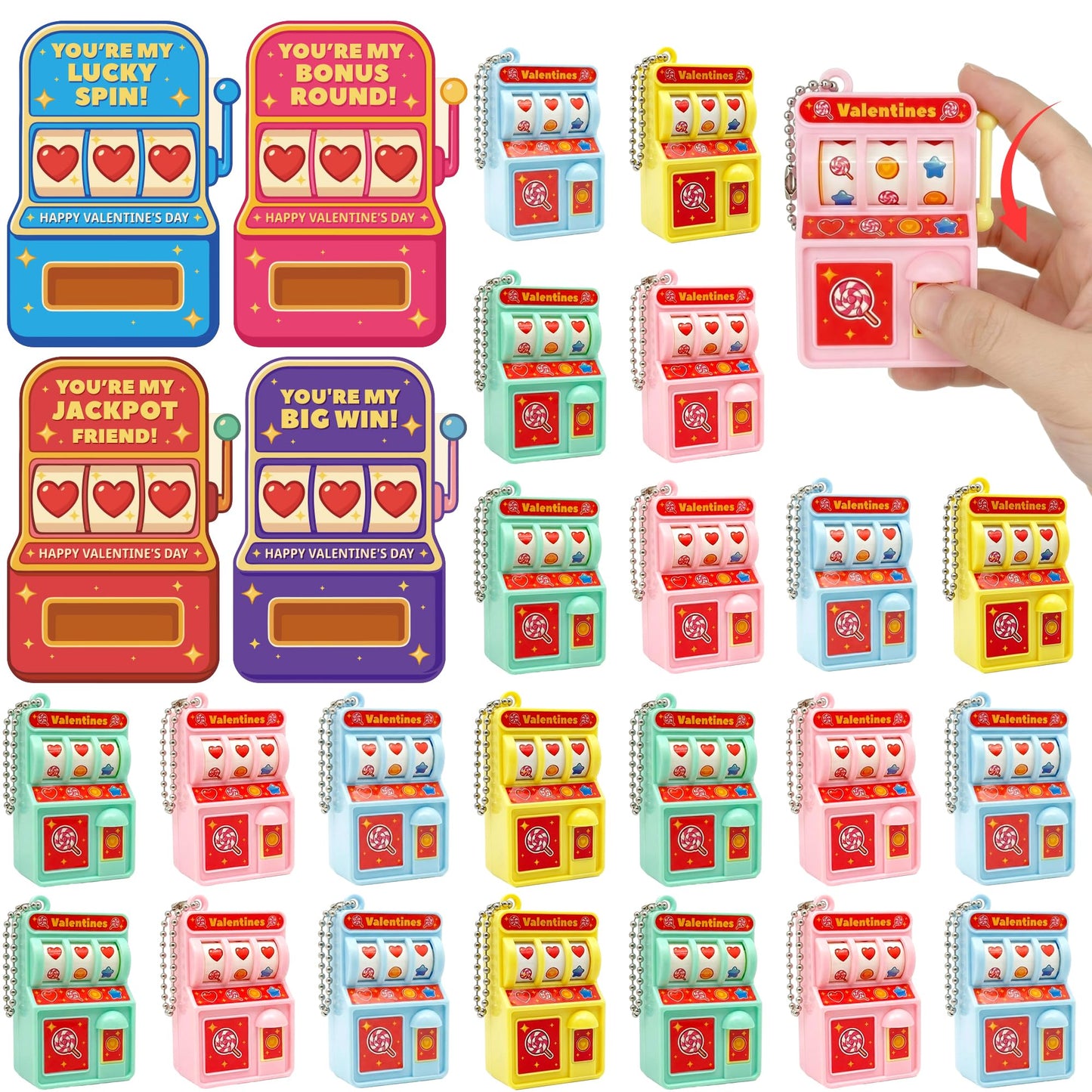 Gocozer Valentines Day Cards for Kids School – 28 Pack Mini Slot Machine Toys with Valentines Greeting Cards, Classroom Exchange Valentines Gifts, Bulk Set for School Valentines Party