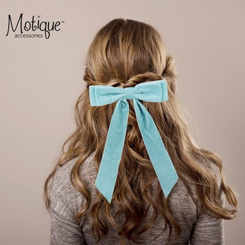 6 inch Hair Bow Velvet Hair Clip with Tails (Light Blue)