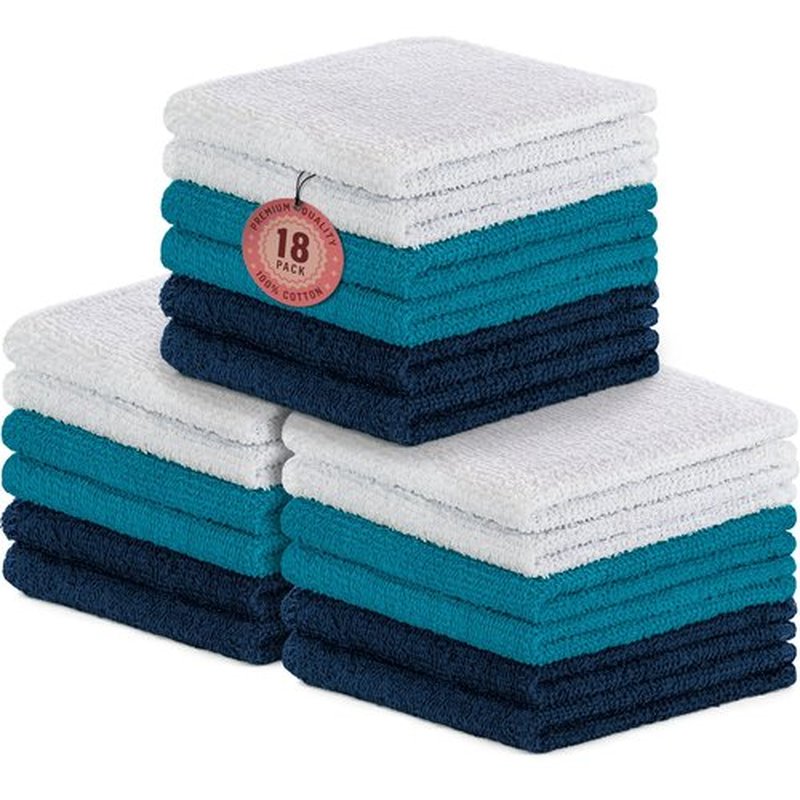 DecorRack 18 Pack 100% Cotton Wash Cloths, Ultra Soft, 11 x 11 inch Ultra Absorbant, Machine Washable Premium Washcloths, Blue (18 Pack)