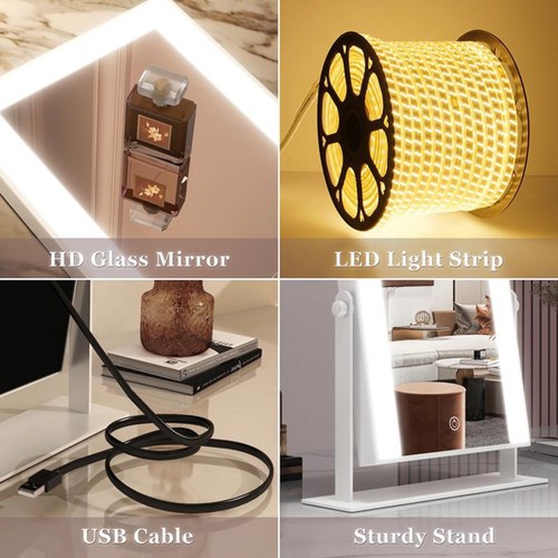 ROLOVE 9"x11" Small Vanity Mirror with Lights, Lighted Makeup Mirror with Light, Portable Tabletop Cosmetic Make Up Mirror, Smart Touch Control, Dual Power Supply, 360°Rotation