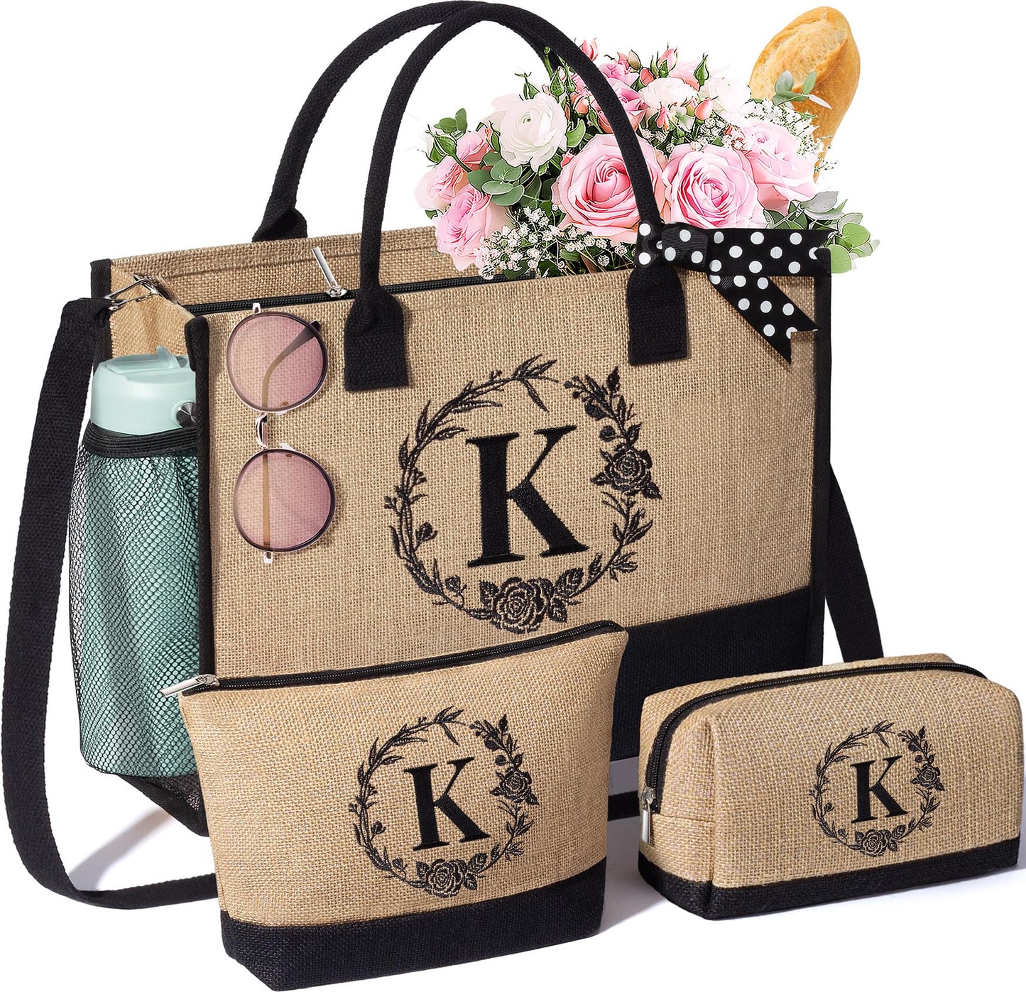 Personalized Gifts for Women Tote Bag, Initial Jute Tote Bag & Makeup Bags Monogrammed Beach Bag w/ Zipper, Mothers Day Birthday Gifts for Women Her Friends Mom Daughter Sister Grandma Teacher Nurse