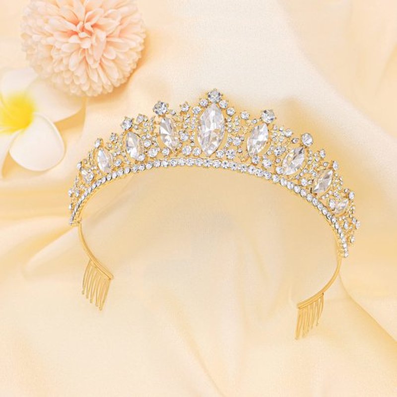 Oriamour Glamorous Crystal-Studded Wedding Crown with Leafy Accents and Combs (Gold, Normal)