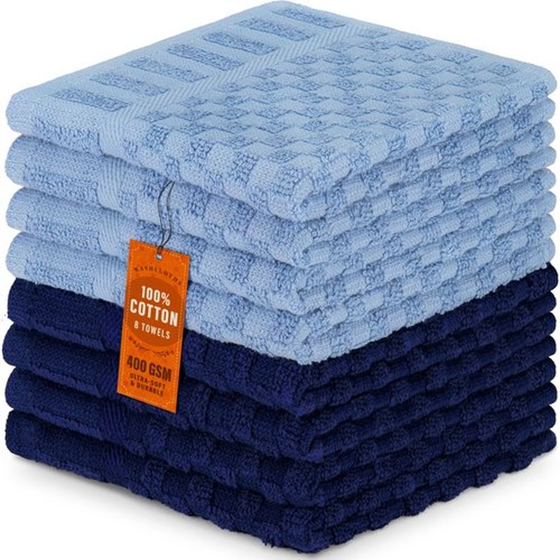 DecorRack 8 Pack 100% Cotton Wash Cloth, Luxurious Soft, 12 x 12 inch Ultra Absorbent Jacquard Towels, Machine Washable Washcloths, Blue Set (8 Pack)