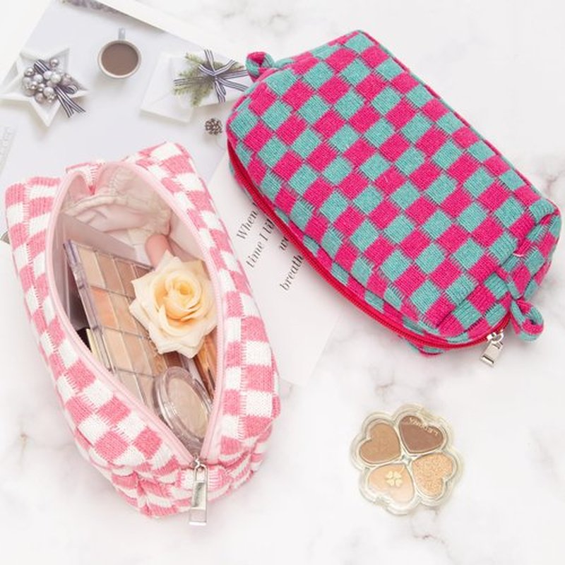 PAZIMIIK Checkered Makeup Bag for Purse Portable Zipper Make Up Pouch Small Cosmetic Case for Travel Accessories Magenta Green