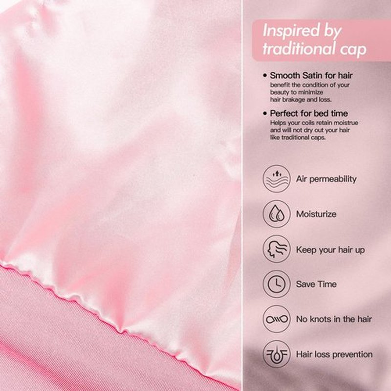 Silk Satin Lined Bonnet Sleep Cap - Adjustable Stay on All Night Hair Wrap Cover Slouchy Beanie for Curly Hair Protection for Women and Men - Black & Pink