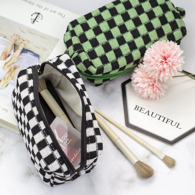 PAZIMIIK Checkered Makeup Bag for Purse Portable Zipper Make Up Pouch Small Cosmetic Case for Travel Accessories (Black)