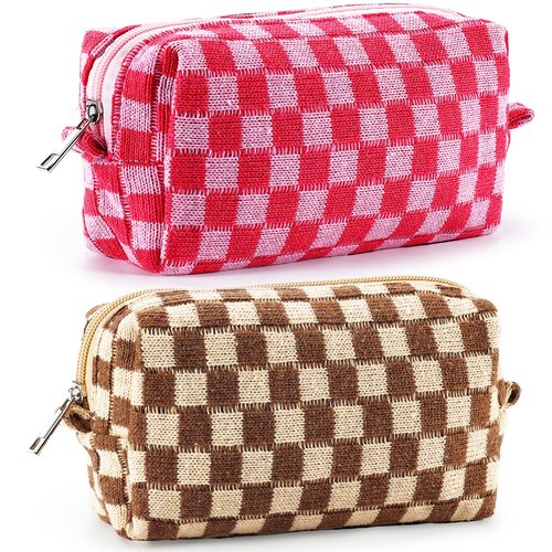 ZLFSRQ 2Pcs Checkered Makeup Bag for Women Large Capacity Cosmetic Bag Set Travel Makeup Pouch for Purse Zipper Toiletry Organizer Cute Y2K Aesthetic Trendy Makeup Brushes Storage Bag(Pink/Brown)