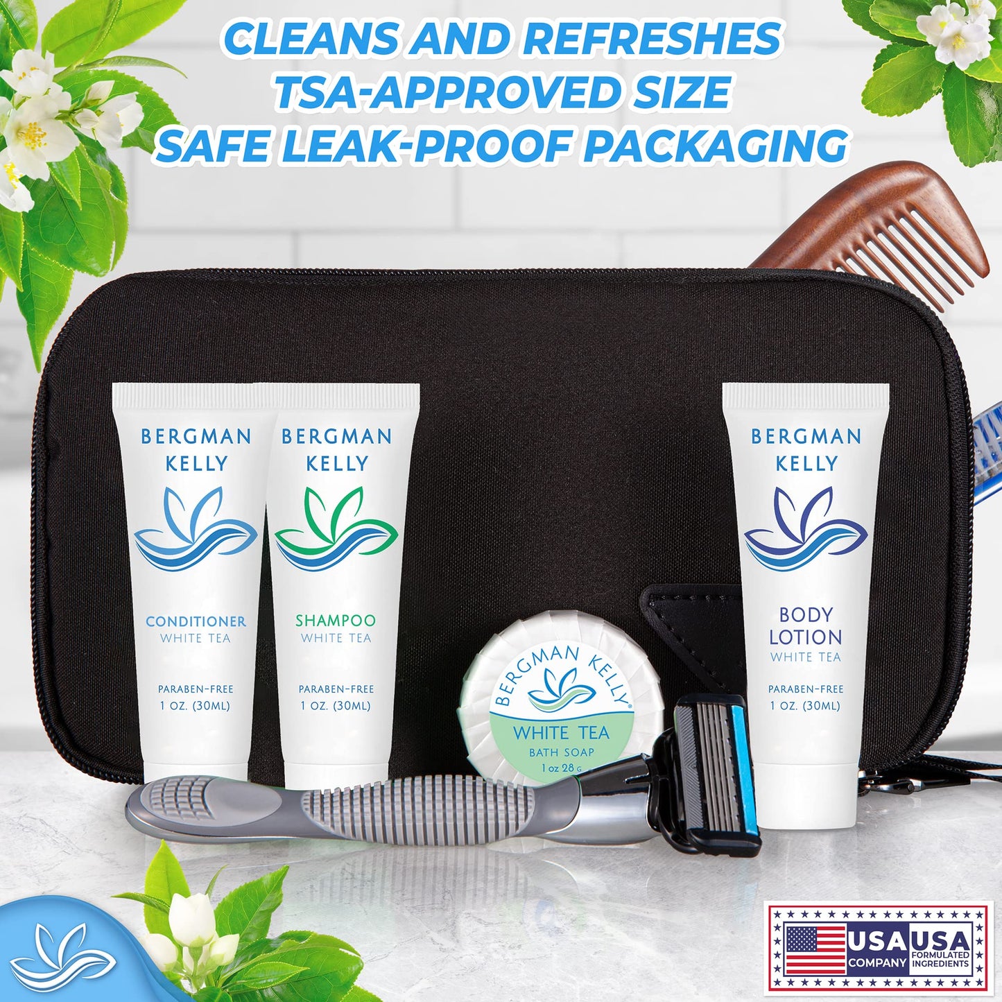 BERGMAN KELLY Travel Size Body Wash (1 fl oz, 200 PK, White Tea), Delight Your Guests with a Revitalizing and Refreshing Hotel Body Wash, Quality Mini and Small Size Guest Hotel Toiletries in Bulk