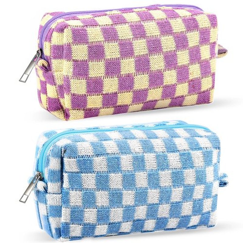 ZLFSRQ 2Pcs Checkered Makeup Bag for Women Travel Medium Small Cosmetic Bag Set Cute Blue Purple Makeup Pouch Purse Zippered Toiletry Bag Organizer Cute Y2K Trendy Aesthetic Makeup Brushes Storage Bag