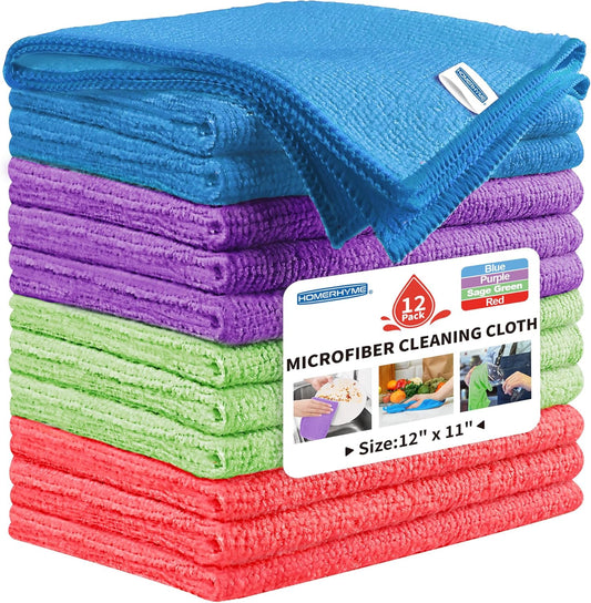 Microfiber Cleaning Cloths - 12 Pack Lint-Free Reusable Towels | 12" x 11" for Home & Kitchen Cleaning