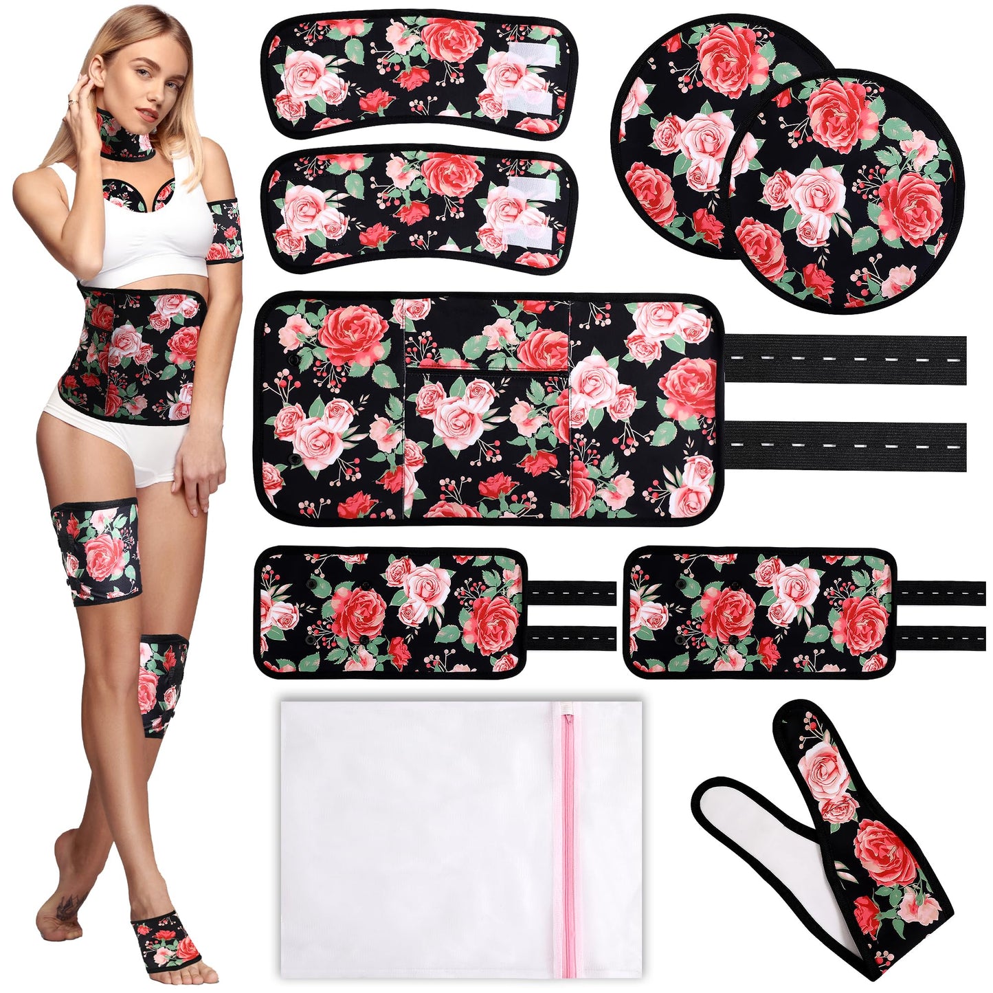 Castor Oil Pack Wrap Organic Cotton for Stomach Neck Belly Chest Knee Feet, 9 Pcs Adjustable Elastic Straps Castor Oil Wrap, Reusable Caster Oil Packs with Laundry Bag, Machine Washable Anti Oil Leak