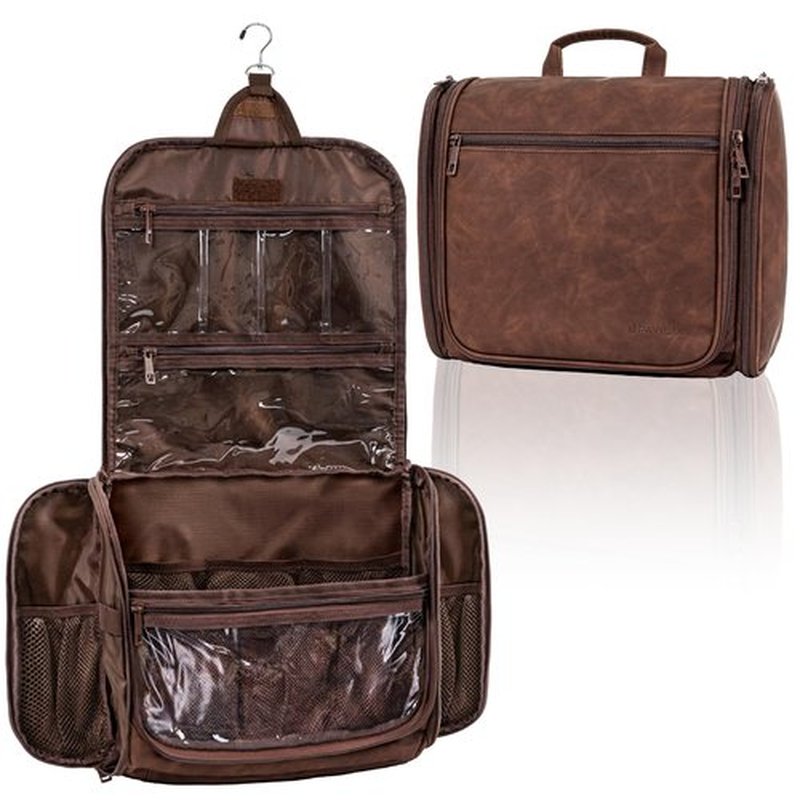 PAVILIA Large Hanging Toiletry Bag Travel Bag Women Men, PU Leather Cosmetic Organizer, Water Resistant Makeup Bag Accessories Toiletries, Travel Essentials Kit, Brown