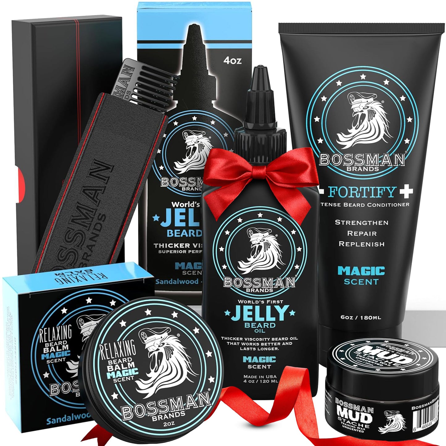 Bossman Complete Beard Kit for Men - Dad Gifts for Father's Day, Men's Beard Oil Jelly, Fortifying Shower Conditioner, Balm, Mustache Wax & Comb – Beard Softener & Grooming Care - (Magic Scent)