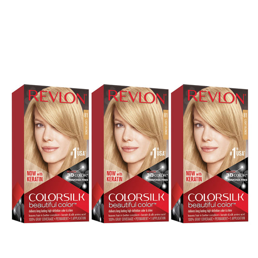 Revlon Permanent Hair Color, Permanent Hair Dye, Colorsilk with 100% Gray Coverage, Ammonia-Free, Keratin and Amino Acids, 81 Light Blonde, 4.4 Oz (Pack of 3)